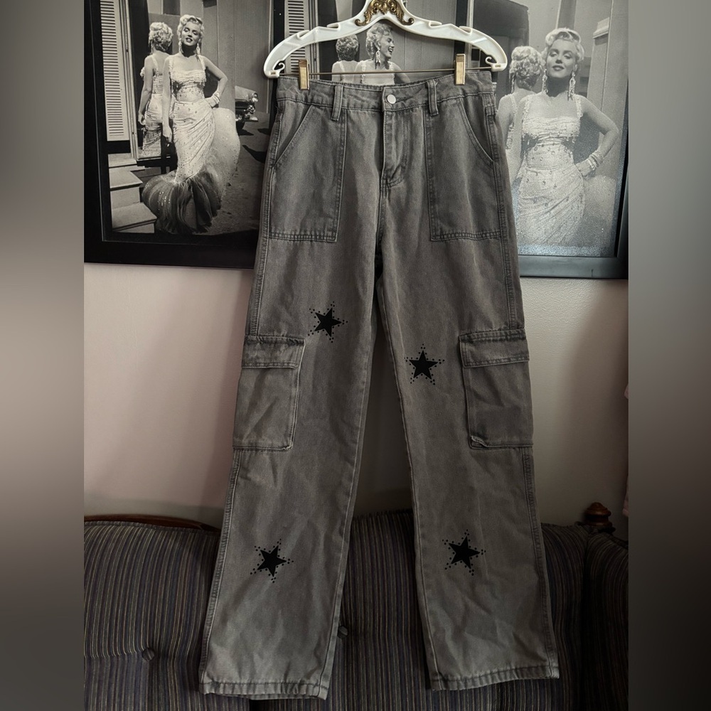 Black and Gray Cargo Pants with Modern Style & Stars